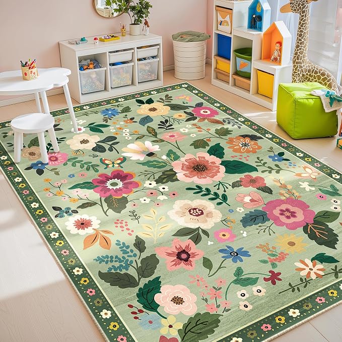 RELEANY Floral Nursery 5x7 Area Rugs Washable Print Boho Cute Carpet Non Slip - Image 3
