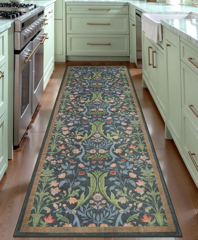 Tangsoo Washable Runner Rug for Hallway Non Slip, 2x6 Green Floral Rug Vintage - Image 2