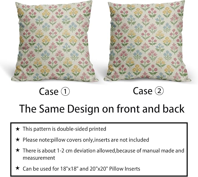 Spring Floral Block Print Pillow Covers 24x24 Inch Set of 2, Easter Decoration - Image 6