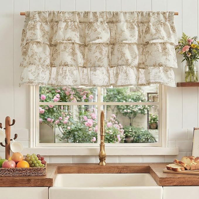 jinchan Amlie Ruffled Floral Valance Curtain Shabby Chic Linen Kitchen Valance - Image 2