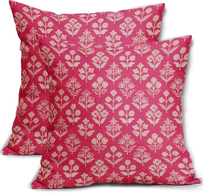 Hot Pink Floral Block Print Pillow Covers 18x18 Inch Set of 2, Vintage Flower by Sivirary