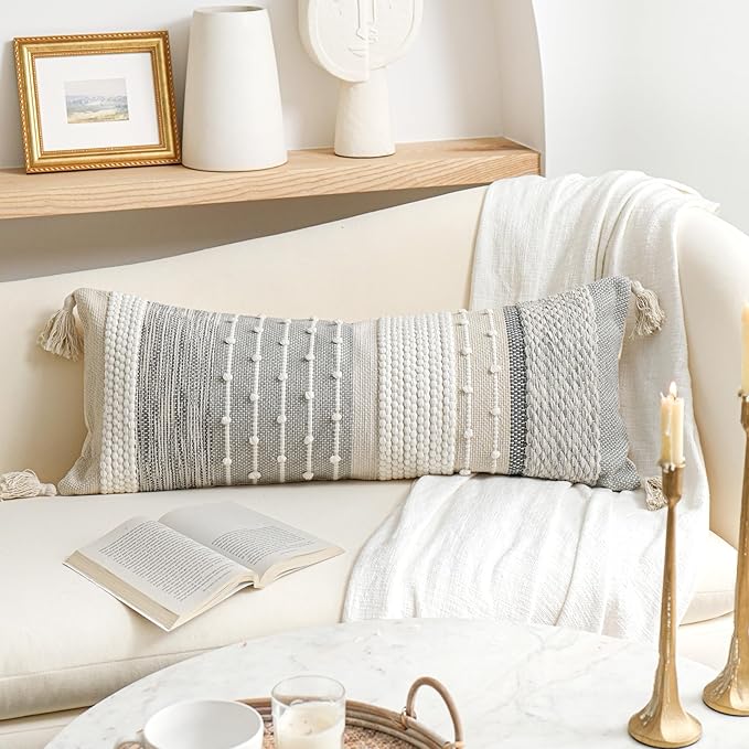 BlissBlush Gray Boho Lumbar Throw Pillow Cover 14x36 Grey Accent Long Body - Image 5