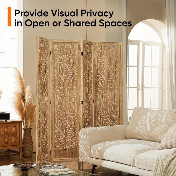 Boho Room Divider with Leaves Carving, 4-Panel Openwork Wood Screen, Decorative - Image 8