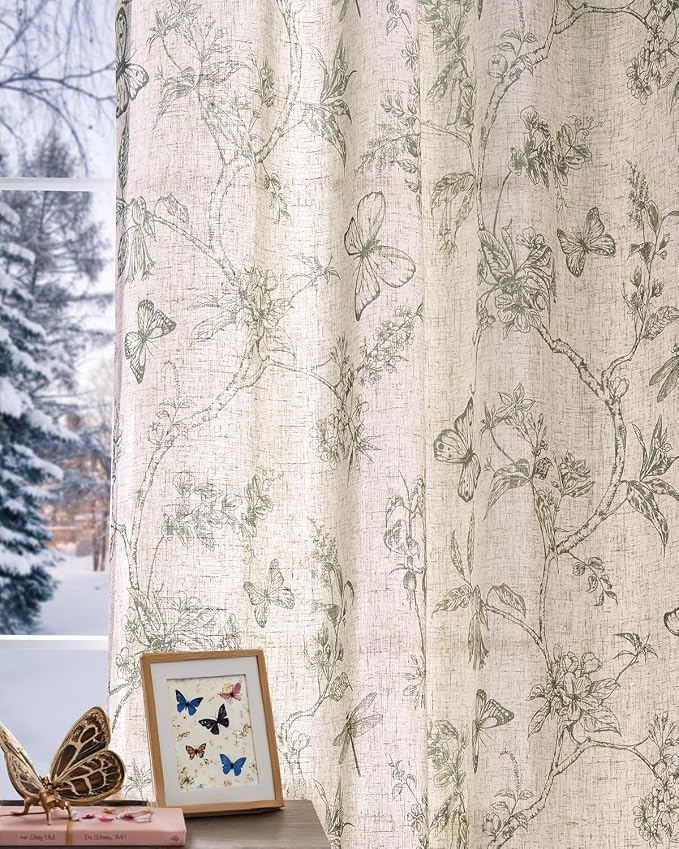 jinchan Floral Linen Curtains for Living Room 63 Inch Length Butterfly Sage - Image 2