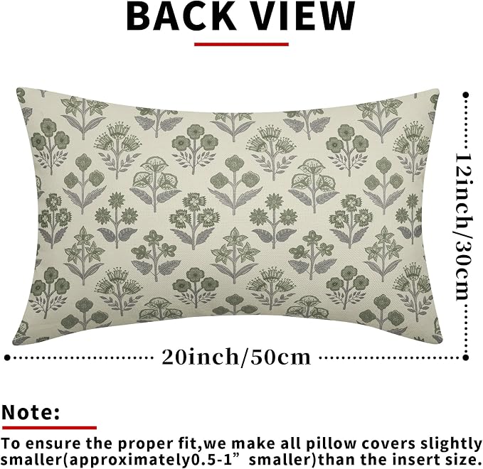 Green Grey Gray Floral Pillow Covers 12x20 Inch Set of 2, Block Print Lumbar - Image 3