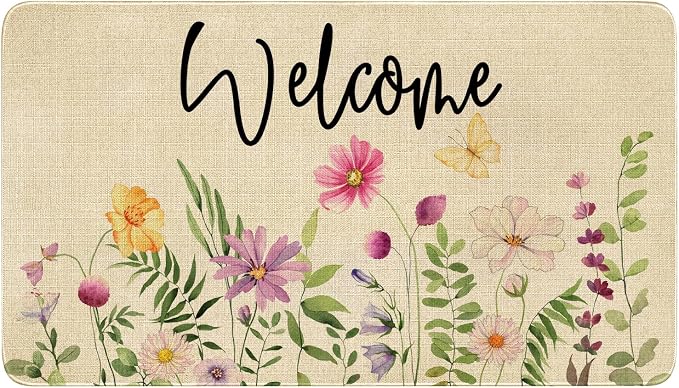 Spring Summer Door Mat, Flower Floral Butterfly Indoor Outdoor Non-Slip Doormat by Xsinufn