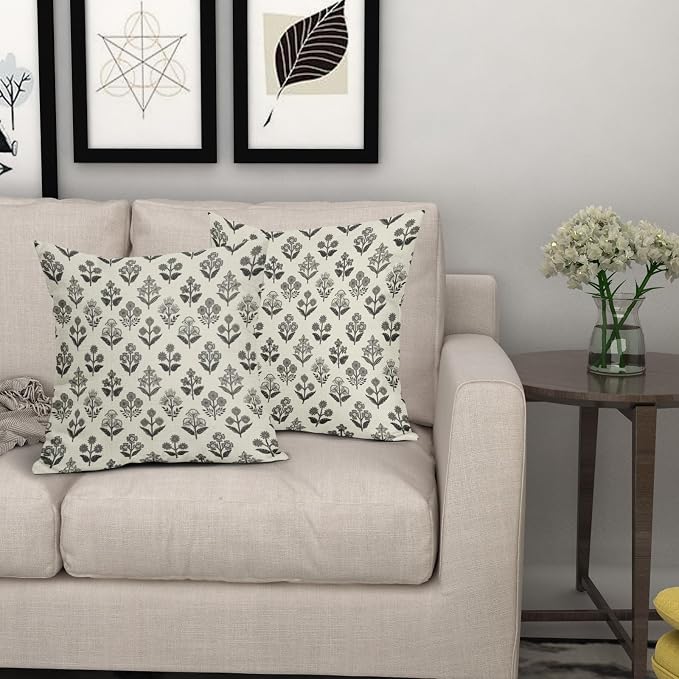 Black Grey Gray Block Print Pillow Covers 20x20 Inch Set of 2, Vintage Floral - Image 7