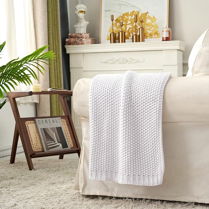 Chunky Cable Knit Throw Blanket Lightweight White 100% Organic Cotton Blanket - Image 2