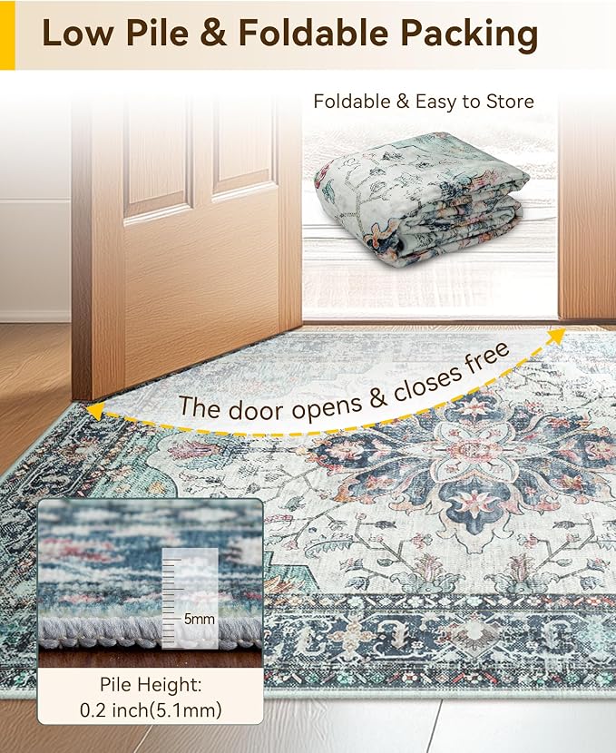 Area Rugs 6'x8' Washable Non-Slip, Floral Vintage Distress Print Pattern - Image 4