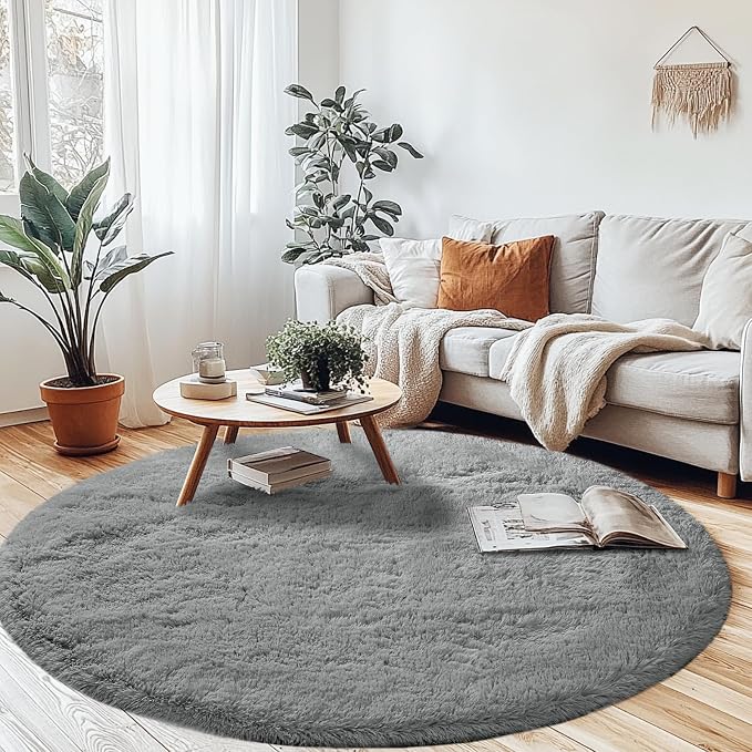 CAIYUECS Grey Round Fluffy Rug for Bedroom: Grey 5x5Feet Soft and Fluffy Area by CAIYUECS