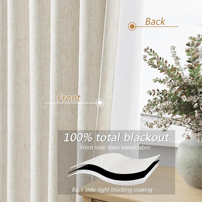 Cream 100% Blackout Linen Curtains 86 Inch Length 2 Panels Set - Image 3