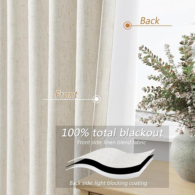 Guken Cream 100% Blackout Linen Curtains 108 Inch Length 2 Panels Set - Image 3