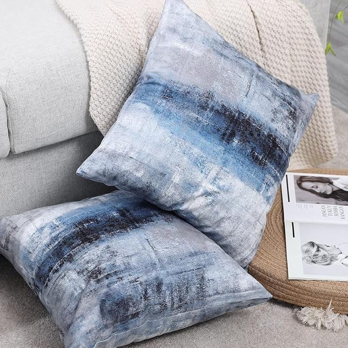Blue and Grey Throw Pillow Cover Pack of 2, Abstract Art Gallery Modern - Image 4