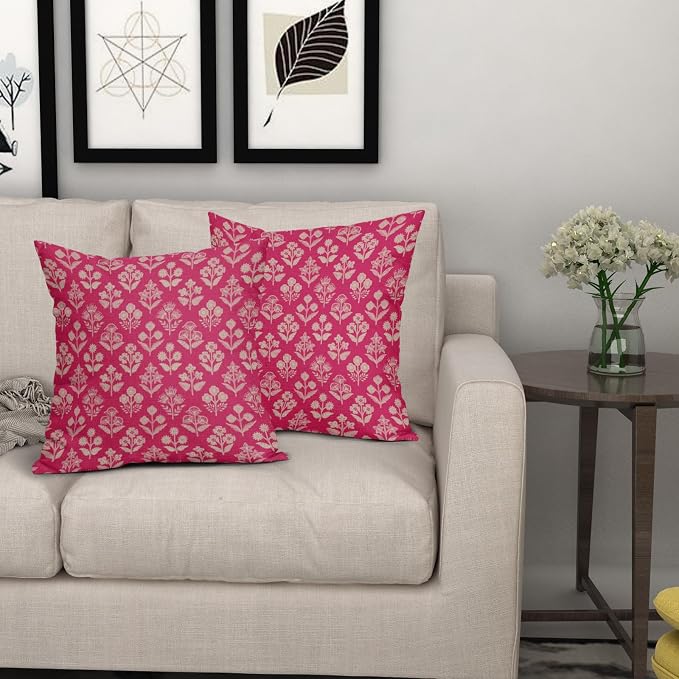 Hot Pink Floral Pillow Covers 22x22 Inch Set of 2, Vintage Flower Block Pattern - Image 7