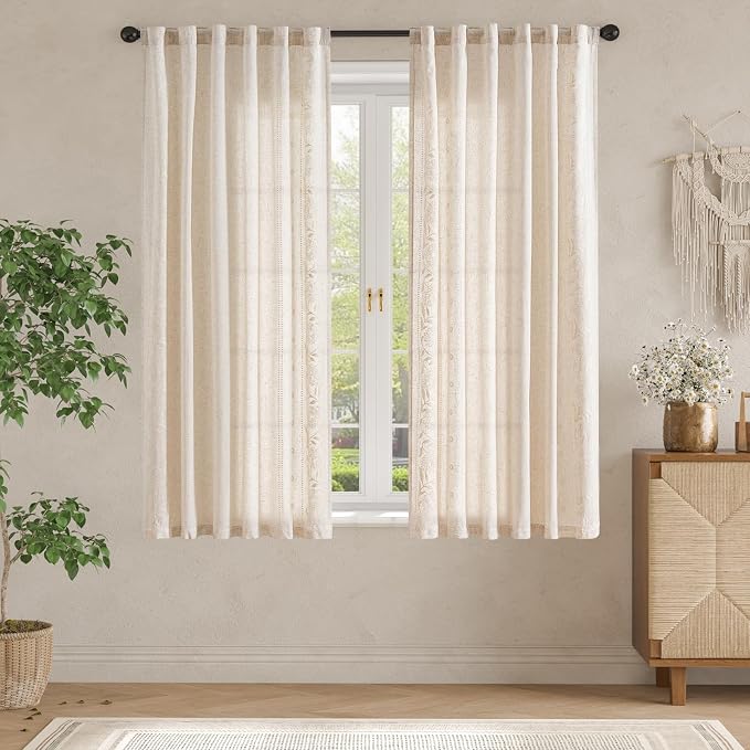 jinchan Winslow Linen Curtains for Bedroom 63 Inches Length Embroidered - Image 3