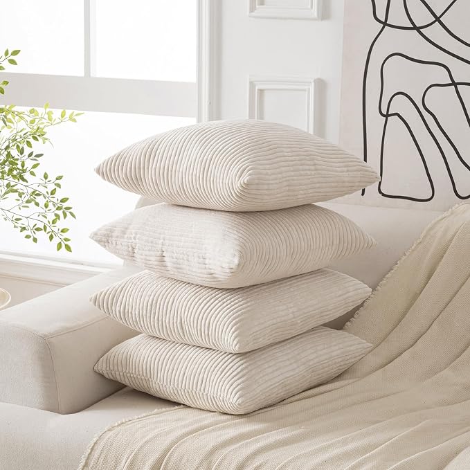 Volcanics Set of 4 Beige Cream Corduroy Decorative Couch Throw Pillow Covers - Image 2