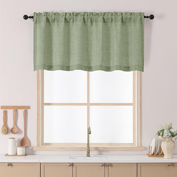 Chyhomenyc Green Kitchen Curtains 24 Inch Length, Light Filtering Faux Linen by Chyhomenyc