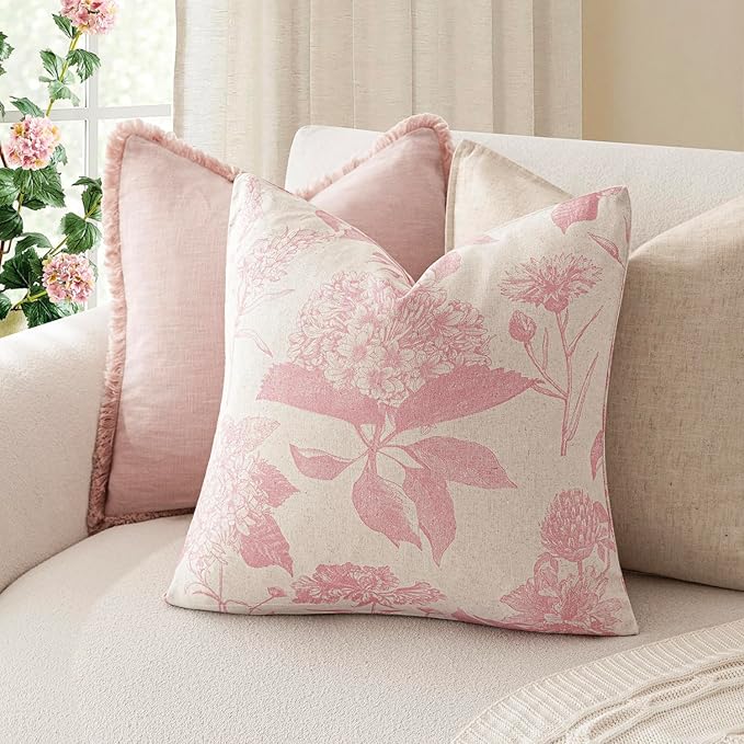 Foindtower Set of 2 Linen Floral Throw Pillow Covers Neutral Vintage Print - Image 4