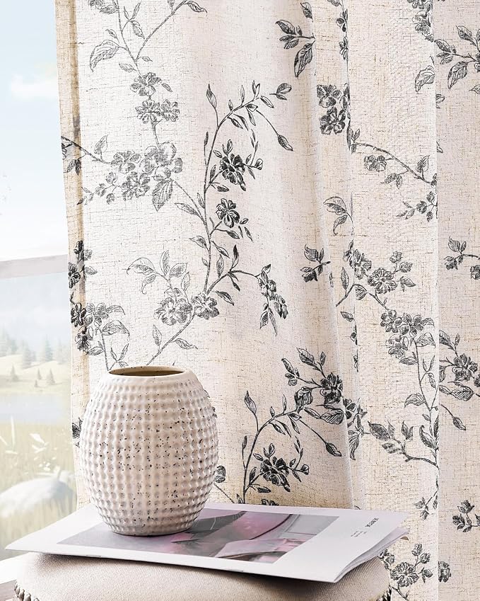 jinchan Linen Floral Curtains for Living Room 84 Inch Length Black Printed by JINCHAN
