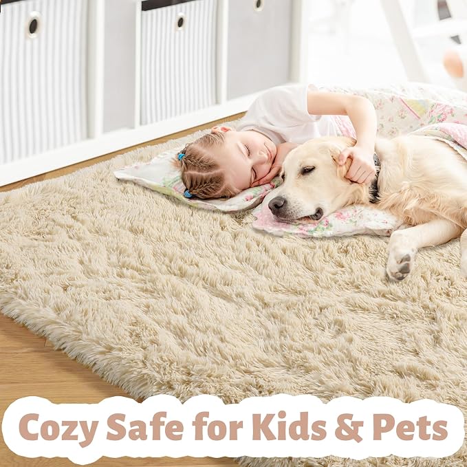 Amdrebio Beige Area Rugs for Bedroom Kids Room Decor, Fluffy Plush Shaggy Furry - Image 4
