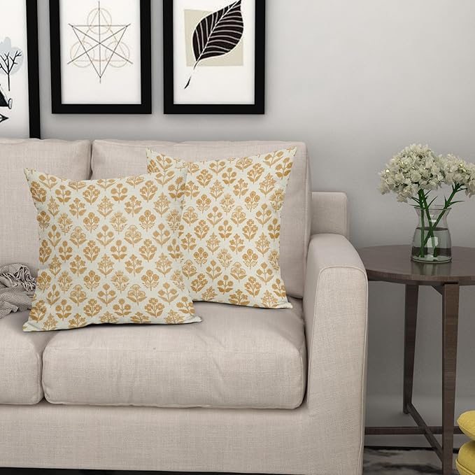 Mustard Yellow Floral Pillow Covers 24x24 Inch Set of 2, Vintage Flower Block - Image 7