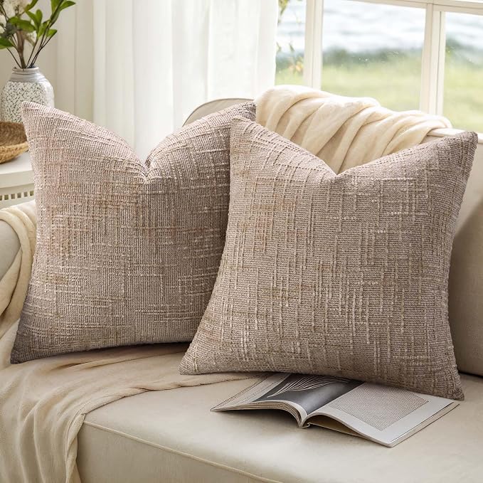 decorUhome Oatmeal Chenille Euro Sham Throw Pillow Covers 22x22 Set of 2 - Image 9