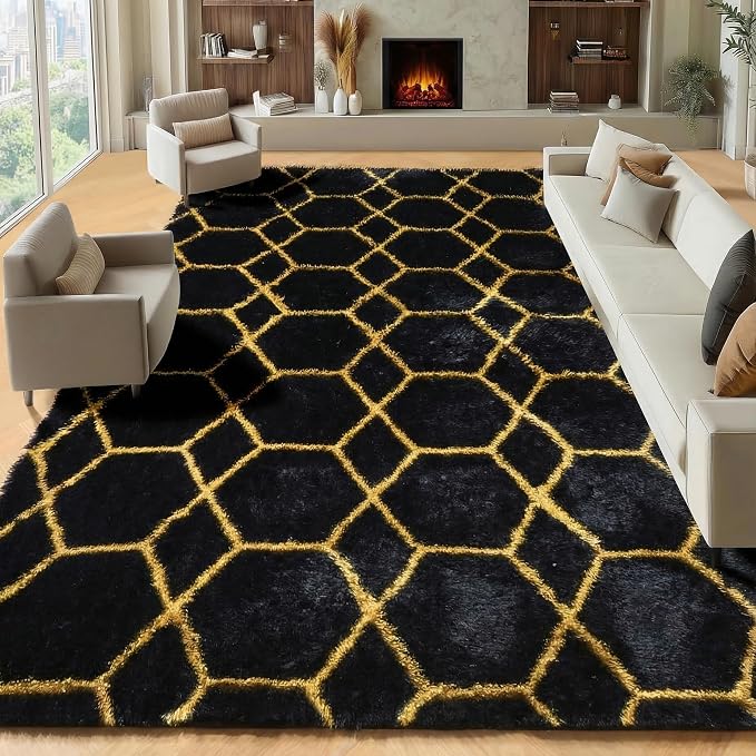 ONASAR 8x10 Area Rugs for Living Room, Fluffy Black and Gold Bedroom Rug by ONASAR