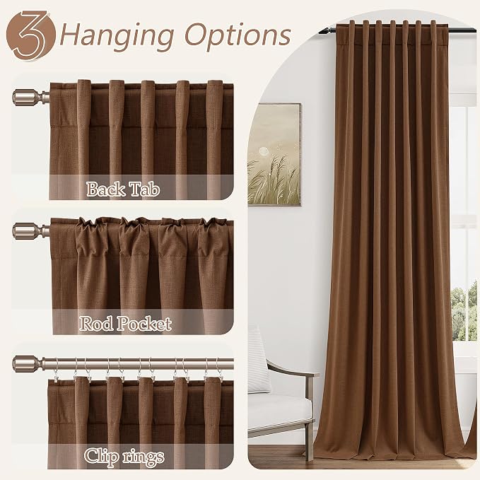 Guken Caramel Brown 100% Blackout Linen Curtains 96 Inch Length 2 Panels Set - Image 6