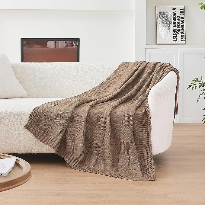 CozeCube Check Knit Throw Blanket, Light Brown Checkered Throw - Image 4