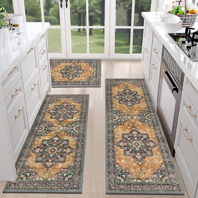 HEBE Farmhouse Kitchen Rugs Sets of 3 Non Slip Washable Boho Kitchen Rugs and by HEBE