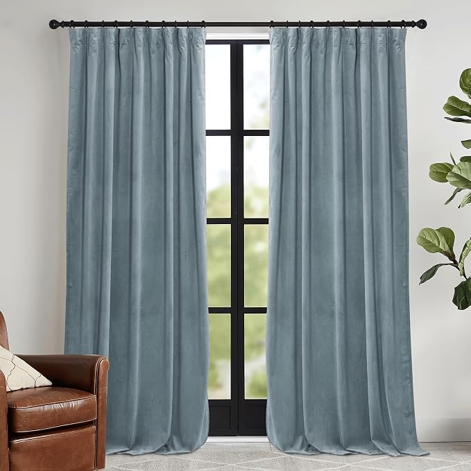 RYB HOME Stone Blue Velvet Curtains 96 inches by RYBHOME