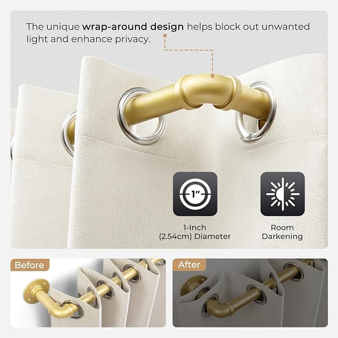 Zeerobee Curtain Rods for Windows 32 to 48, 1 Inch Industrial Wrap Around Gold - Image 3