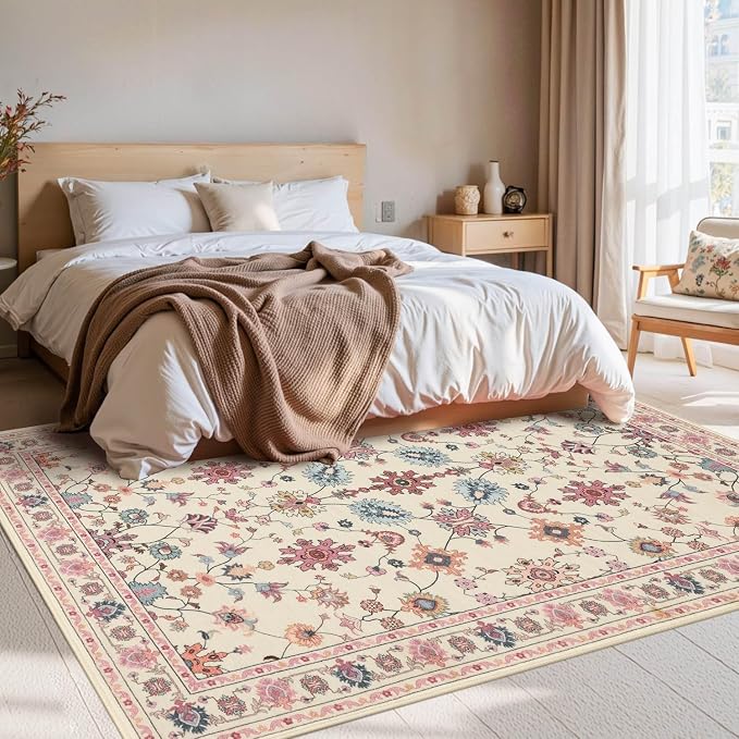 Rugxara Pink Rug for Living Room Bedroom, Floral 4x6 Washable Rug, Vintage Boho - Image 2