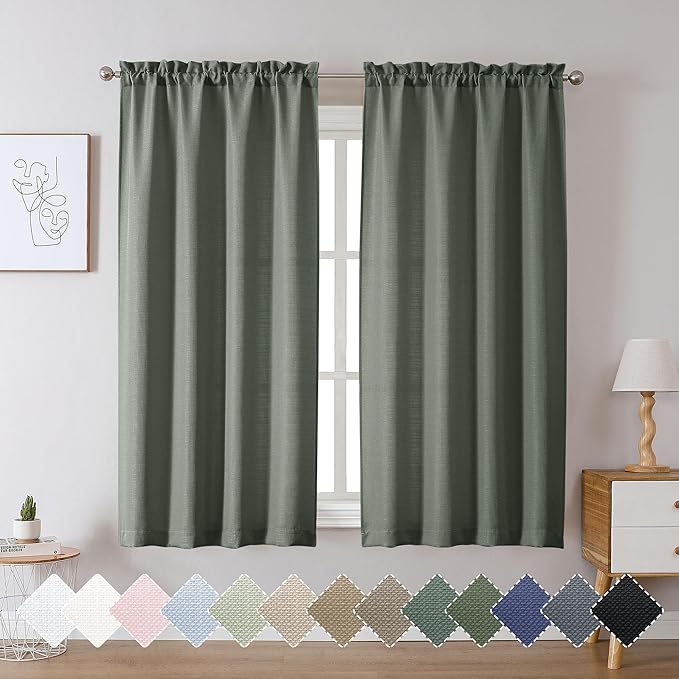 Chyhomenyc Bennet Olive Green Curtains 54 Inch Length 2 Panels, Faux Linen - Image 2
