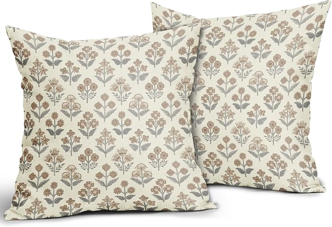 Brown Grey Gray Floral Block Print Pillow Covers 18x18 Inch Set of 2, Vintage - Image 2
