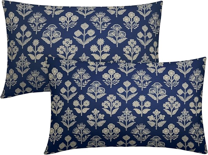 Dark Blue Pillow Covers 12x20 Inch Set of 2, Cream Floral Block Print Pattern by Sivirary