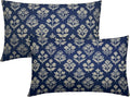 Dark Blue Pillow Covers 12x20 Inch Set of 2, Cream Floral Block Print Pattern by Sivirary