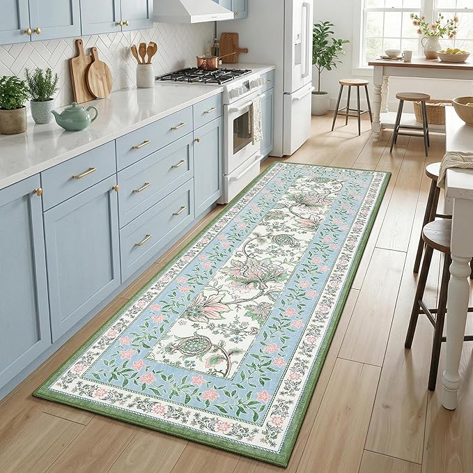 GarveeHome Blue Green Pink Area Rugs 9x12 Living Room, Botanical Grove Cottage - Image 5