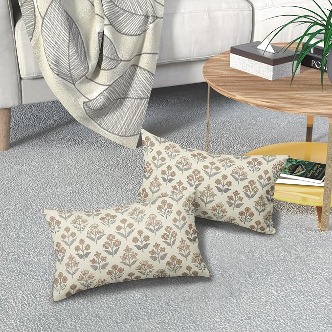 Brown Grey Gray Floral Pillow Covers 12x20 Inch Set of 2, Block Print Lumbar - Image 7