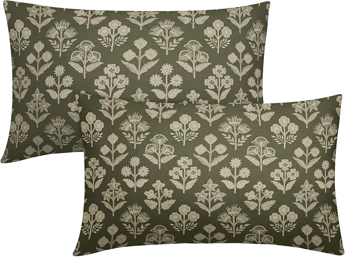 Olive Green Pillow Covers 12x20 Inch Set of 2, Cream Floral Block Print Pattern by Sivirary