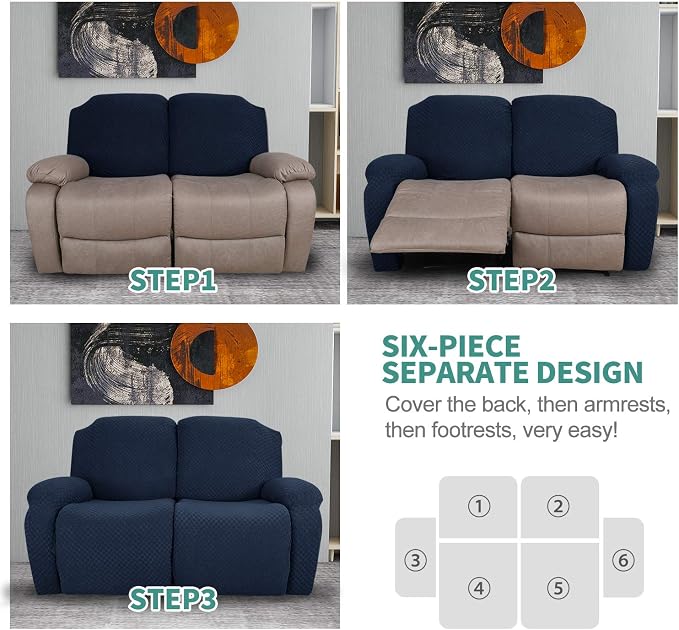 YEMYHOM 6 Pieces Stretch Loveseat Recliner Slipcover Jacquard Recliner Sofa - Image 7
