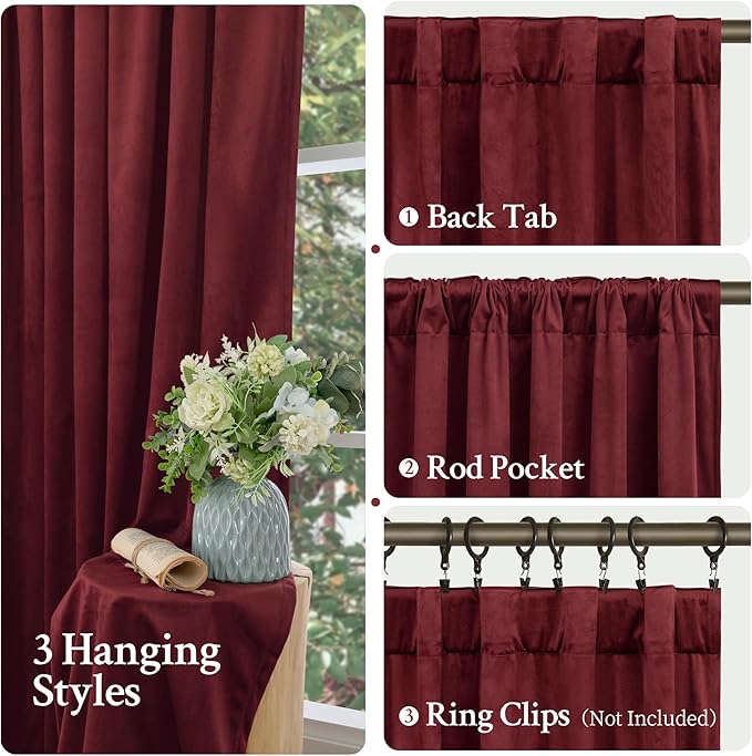 LAMIT Burgundy Red Velvet Curtains 78 Inch - Image 3