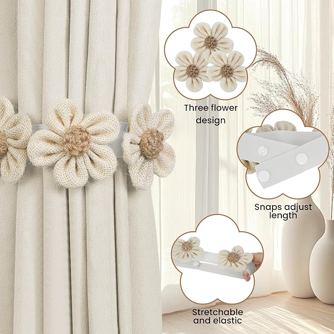 KLOGTSIND Flower Curtain Tiebacks, 4 Pack Boho Curtain Ties Elegant Three - Image 4