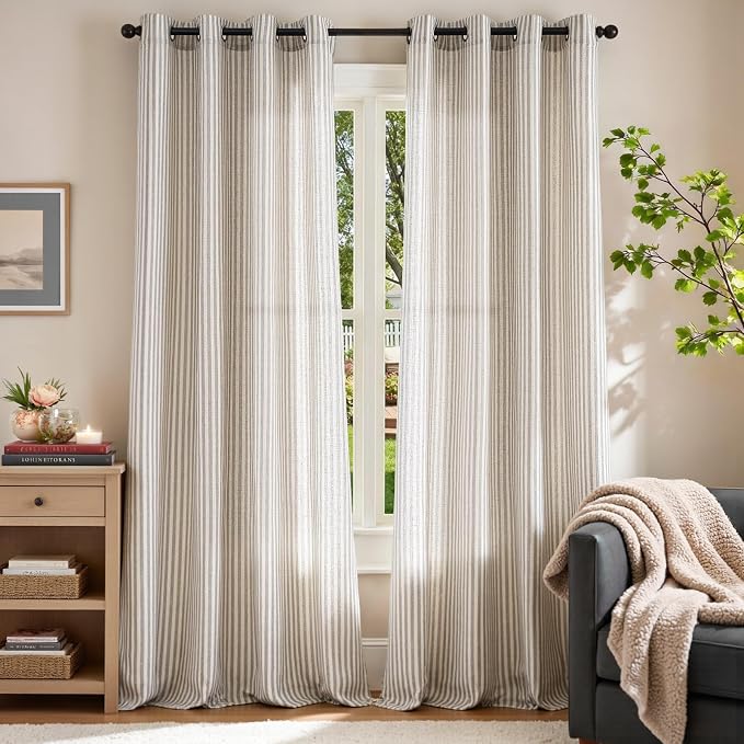 JINCHAN Linen Curtains for Living Room Taupe Grey on Beige Striped Curtains for - Image 2