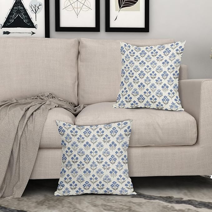 Blue Grey Gray Floral Pillow Covers 22x22 Inch Set of 2, Vintage Flower Block - Image 3