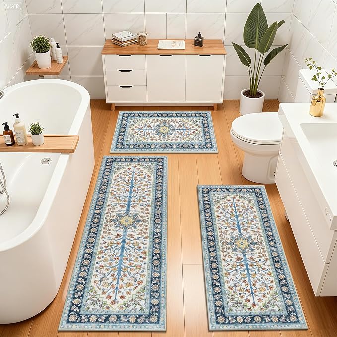 HEBE Boho Kitchen Rugs Sets of 3 Non Slip Washable Farmhouse Kitchen Rugs and - Image 8