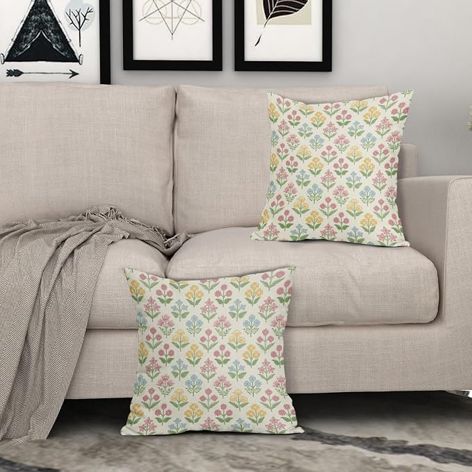 Spring Floral Block Print Pillow Covers 16x16 Inch Set of 2, Easter Decoration - Image 3
