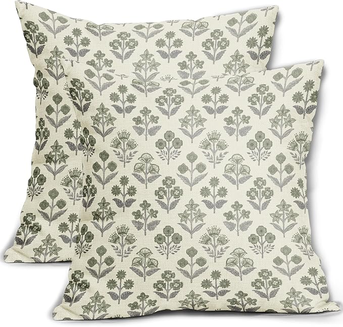 Green Grey Gray Floral Pillow Covers 22x22 Inch Set of 2, Vintage Flower Block by Sivirary