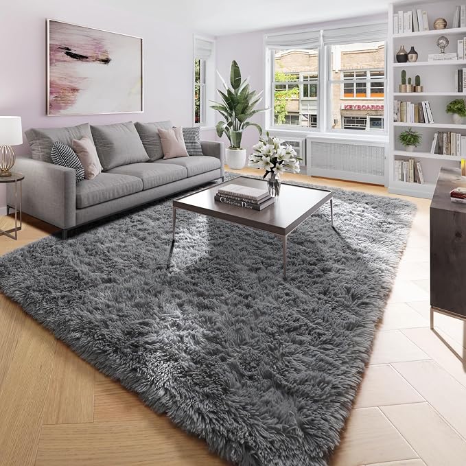Amdrebio Grey Modern Fluffy Living Room Rugs, 5x8 Rug, Furry Area Rug - Image 4