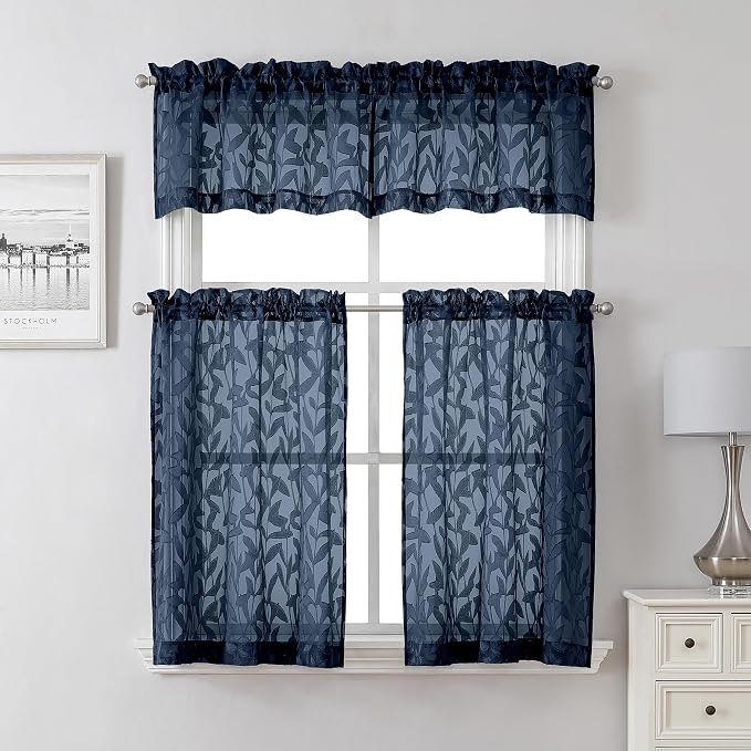 Lecloud Leia Navy Blue Sheer Kitchen Curtains 36 Inch Length 2 Panels, Jacquard - Image 8